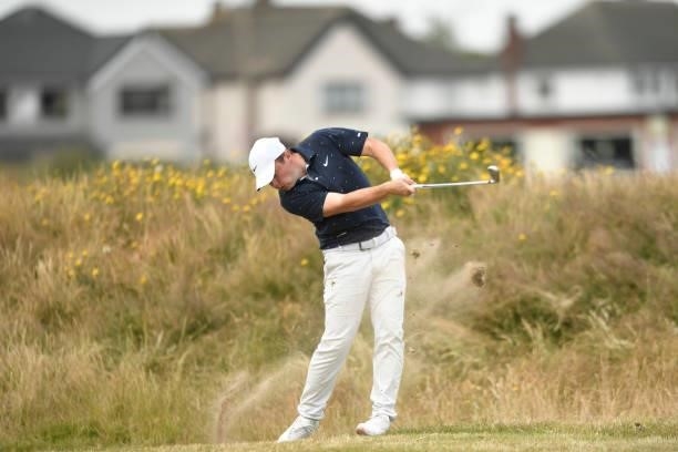 Alex Fitzpatrick of England plays his second shot on the 4th hole during Final Qualifying for the 149th Open at St Annes Old Links Golf Club on June...