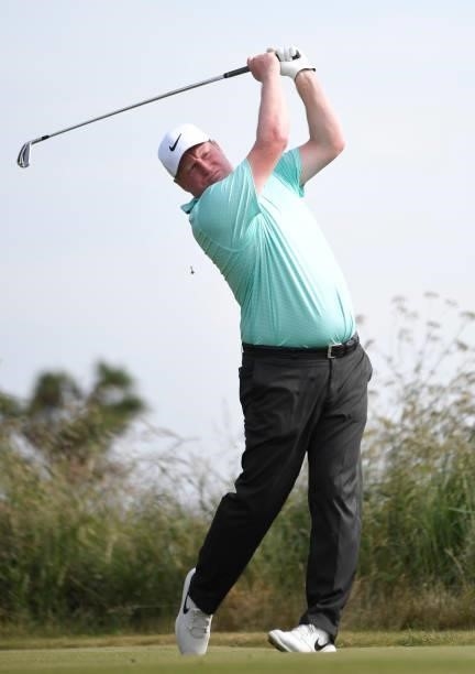 Richard Finch of England plays his tee shot on the 2nd hole during Final Qualifying for the 149th Open at St Annes Old Links Golf Club on June 29,...