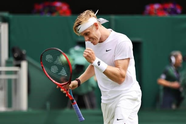 Denis Shapovalov of Canada celebrates after winning a point in his Men's Singles First Round match against Philipp Kohlschreiber of Germany during...