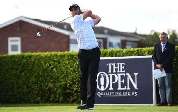 Richard Wallace of England plays his tee shot on the 1st hole during Final Qualifying for the 149th Open at St Annes Old Links Golf Club on June 29,...