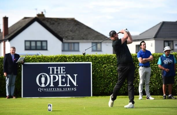 Robert Booth of England plays his tee shot on the 1st hole during Final Qualifying for the 149th Open at St Annes Old Links Golf Club on June 29,...