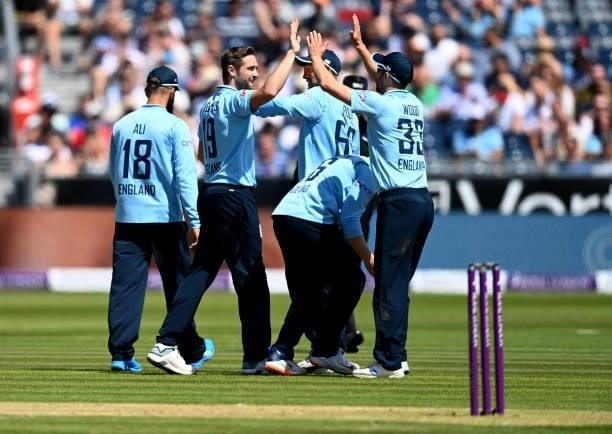 Chris Woakes of England celebrates dismissing Wanindu Hasaranga of Sri Lanka during the 1st One Day International between England and Sri Lanka at...