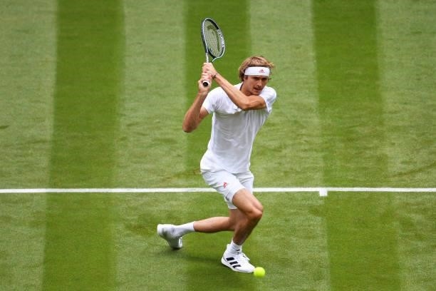 Alexander Zverev of Germany plays a backhand in his Men's Singles First Round match against Tallon Griekspoor of Netherlands during Day Two of The...