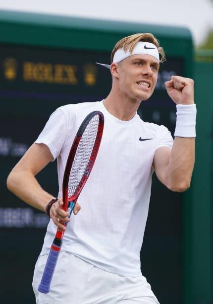 Denis Shapovalov of Canada celebrates after winning a set in his Men's Singles First Round match against Philipp Kohlschreiber of Germany during Day...