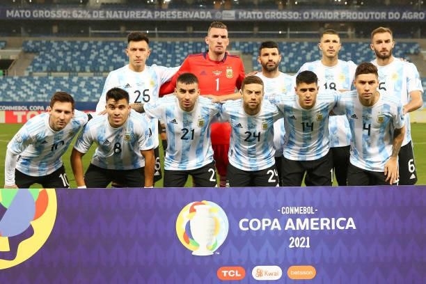 Players of Argentina pose for the team photo prior to a Group A match between Argentina and Bolivia as part of Copa America 2021 at Arena Pantanal on...