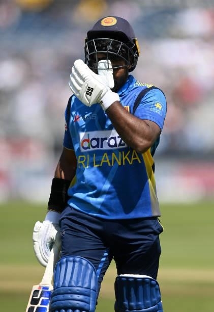 Sri Lanka captain Kusal Perera leaves the field after being dismissed by David Willey of England during the 1st One Day International between England...