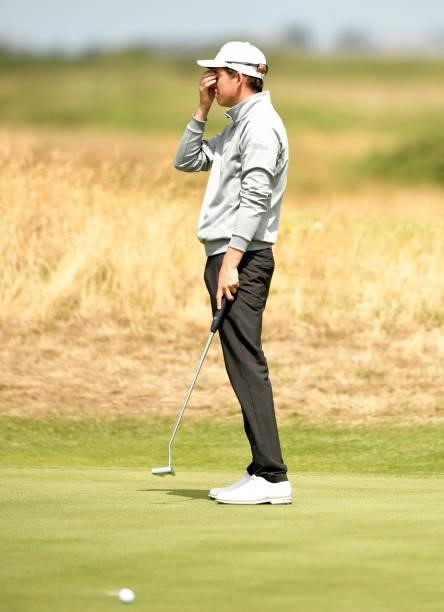 Jacob Oakley of England reacts to a missed putt on the 10th hole during Final Qualifying for the 149th Open at St Annes Old Links Golf Club on June...