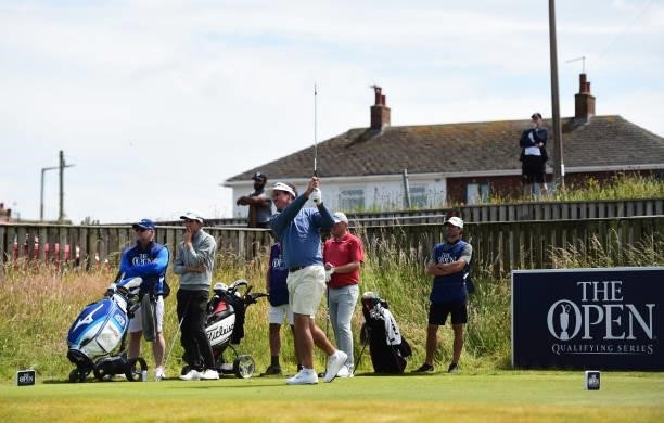 Gonzalo Fernández-Castaño of Spain plays his tee shot on the 10th hole during Final Qualifying for the 149th Open at St Annes Old Links Golf Club on...