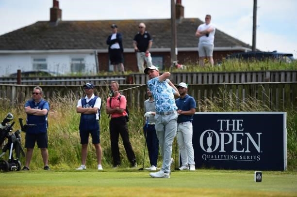 Dale Whitnell of England plays his tee shot on the 1st hole during Final Qualifying for the 149th Open at St Annes Old Links Golf Club on June 29,...