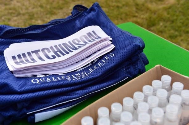 Caddy bibs and hand sanitizer on the 1st tee during Final Qualifying for the 149th Open at St Annes Old Links Golf Club on June 29, 2021 in Lytham St...