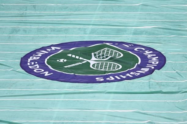 General view of a rain cover during Day Two of The Championships - Wimbledon 2021 at All England Lawn Tennis and Croquet Club on June 29, 2021 in...