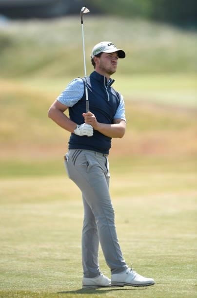 Sam Bairstow of England plays his second shot on the 10th hole during Final Qualifying for the 149th Open at St Annes Old Links Golf Club on June 29,...