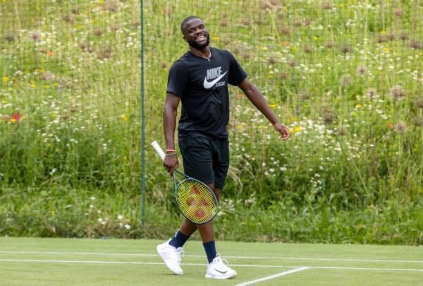 Frances Tiafoe of United States reacts on the Aorangi Practice Courts during Day Two of The Championships - Wimbledon 2021 at All England Lawn Tennis...