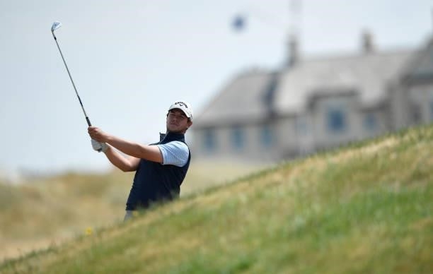 Sam Bairstow of England plays his second shot on the 11th hole during Final Qualifying for the 149th Open at St Annes Old Links Golf Club on June 29,...