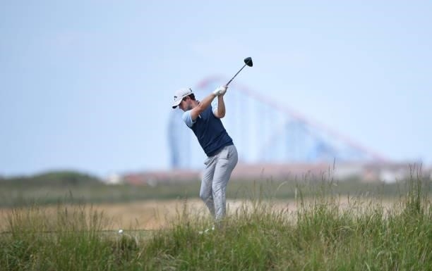 Sam Bairstow of England plays his tee shot on the 12th hole during Final Qualifying for the 149th Open at St Annes Old Links Golf Club on June 29,...