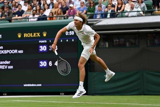 Alexander Zverev of Germany plays a forehand in his Men's Singles First Round match against Tallon Griekspoor of Netherlands during Day Two of The...