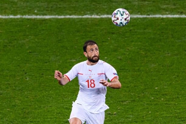 Admir Mehmedi of Switzerland heads the ball during the UEFA Euro 2020 Championship Round of 16 match between France and Switzerland at National Arena...