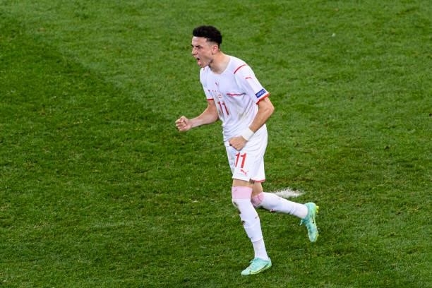 Ruben Vargas of Switzerland celebrates after attempting a free kick for score his goal during the UEFA Euro 2020 Championship Round of 16 match...