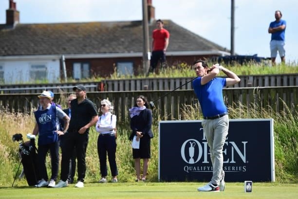 James Robinson of England plays his tee shot on the 10th hole during Final Qualifying for the 149th Open at St Annes Old Links Golf Club on June 29,...