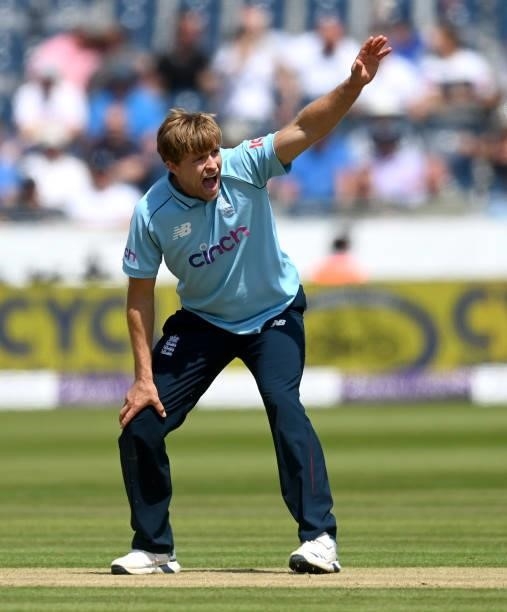 David Willey of England appeals during the 1st One Day International between England and Sri Lanka at Emirates Riverside on June 29, 2021 in...