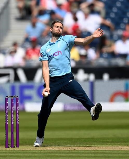 Chris Woakes of England bowls during the 1st One Day International between England and Sri Lanka at Emirates Riverside on June 29, 2021 in...