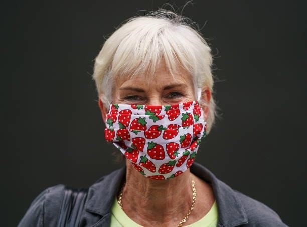 Judy Murray, tennis coach and mother of Andy Murray of Great Britain wears a strawberry face mask during Day Two of The Championships - Wimbledon...