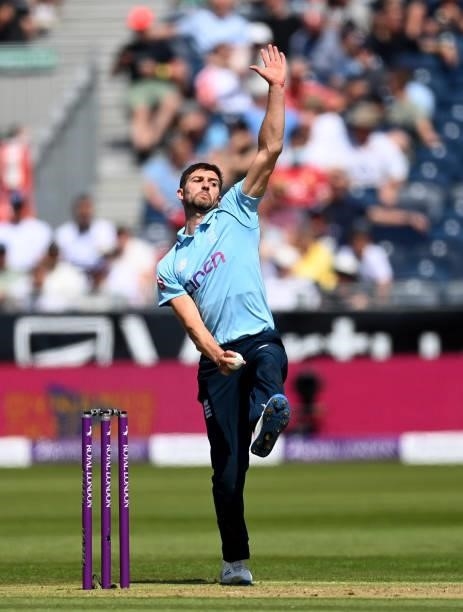 Mark Wood of England bowls during the 1st One Day International between England and Sri Lanka at Emirates Riverside on June 29, 2021 in...