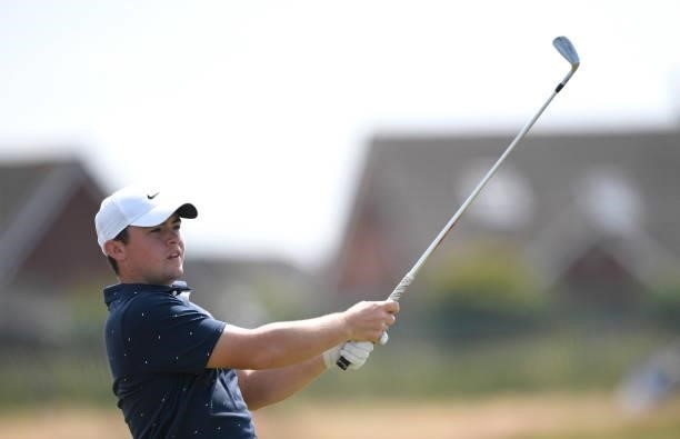 Alex Fitzpatrick of England plays his second shot on the 11th hole during Final Qualifying for the 149th Open at St Annes Old Links Golf Club on June...