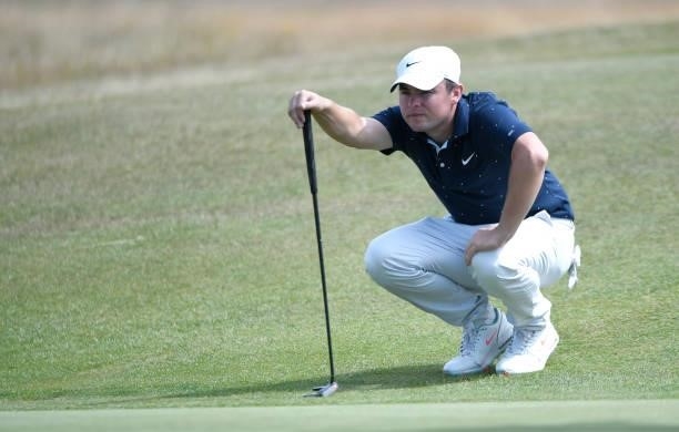 Alex Fitzpatrick of England lines up a putt on the 10th green during Final Qualifying for the 149th Open at St Annes Old Links Golf Club on June 29,...