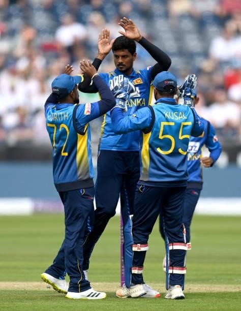 Binura Fernando of Sri Lanka celebrates dismissing Jonathan Bairstow of England during the 1st One Day International between England and Sri Lanka at...