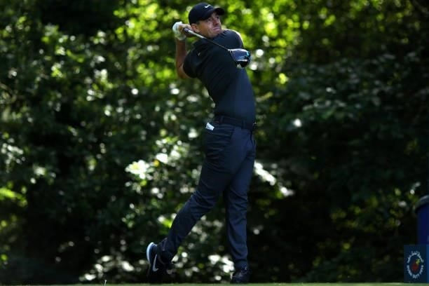 Rory McIlroy of Northern Ireland in acton during a practice day prior to The Dubai Duty Free Irish Open at Mount Juliet Golf Club on June 29, 2021 in...