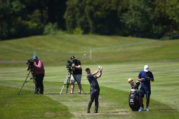 Rory McIlroy of Northern Ireland in acton during a practice day prior to The Dubai Duty Free Irish Open at Mount Juliet Golf Club on June 29, 2021 in...