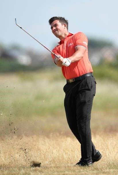 Mitch Waite of England plays his second shot on the 12th hole during Final Qualifying for the 149th Open at St Annes Old Links Golf Club on June 29,...
