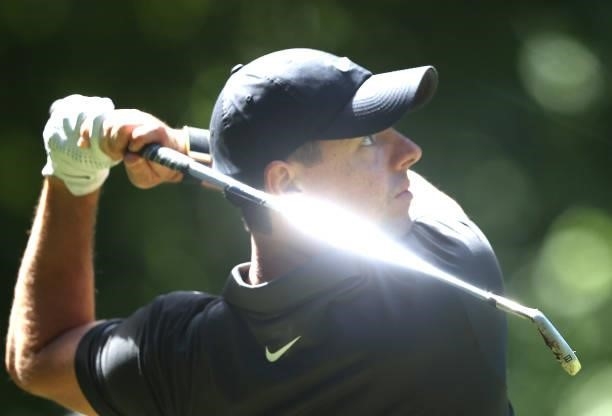 Rory McIlroy of Northern Ireland plays a practice round ahead of the Dubai Duty Free Irish Open at Mount Juliet Golf Club on June 29, 2021 in...