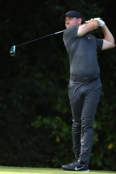 Rory McIlroy of Northern Ireland plays a practice round ahead of the Dubai Duty Free Irish Open at Mount Juliet Golf Club on June 29, 2021 in...