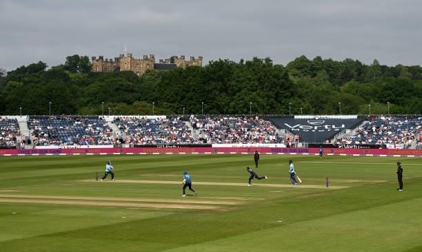 General view of play during the 1st One Day International between England and Sri Lanka at Emirates Riverside on June 29, 2021 in Chester-le-Street,...