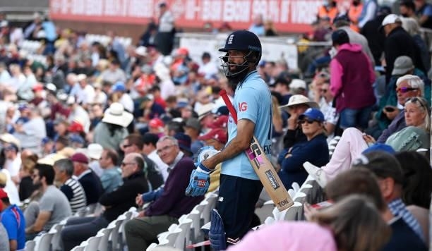 Moeen Ali of England walks out to bat during the 1st One Day International between England and Sri Lanka at Emirates Riverside on June 29, 2021 in...