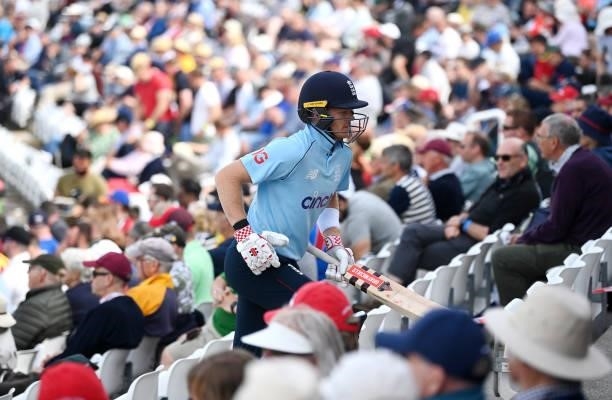 Sam Billings of England walks back to the dressing room during the 1st One Day International between England and Sri Lanka at Emirates Riverside on...
