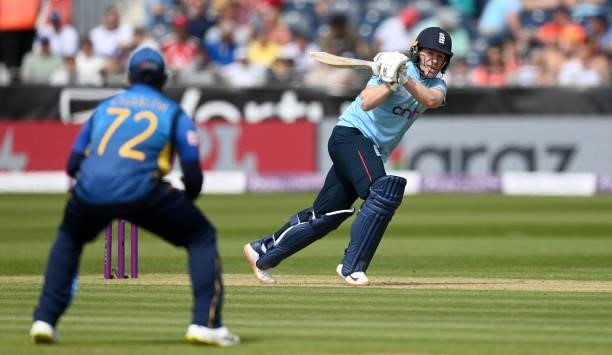 Eoin Morgan of England bats during the 1st One Day International between England and Sri Lanka at Emirates Riverside on June 29, 2021 in...