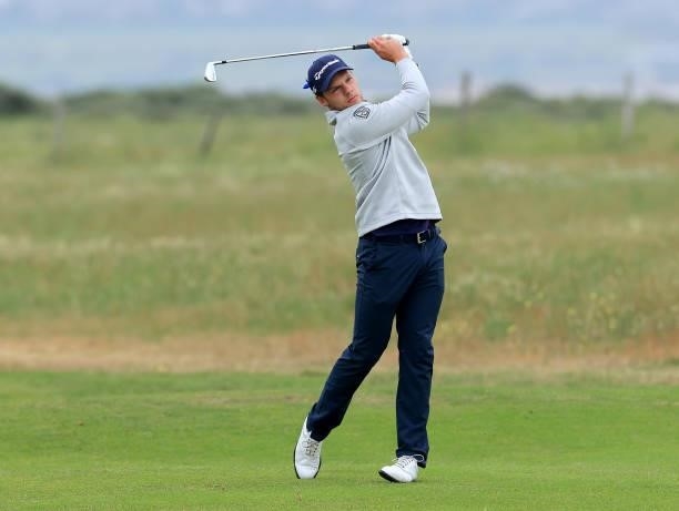Curtis Knipes of England plays his second shot on the second hole in his first round during Final Qualifying for the 149th Open at Prince's Golf Club...
