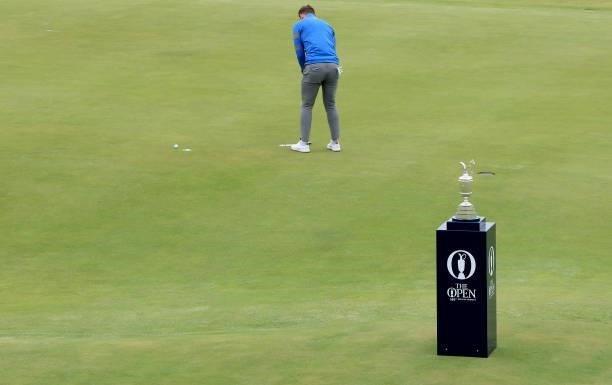 Sam Forgan of England putts on teh practice green in the shadow of the Claret Jug before his first round during Final Qualifying for the 149th Open...