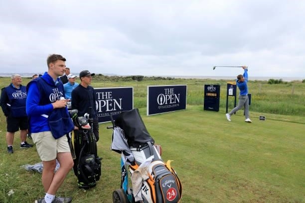 Sam Forgan of England plays his tee shot on the first hole in his first round during Final Qualifying for the 149th Open at Prince's Golf Club on...