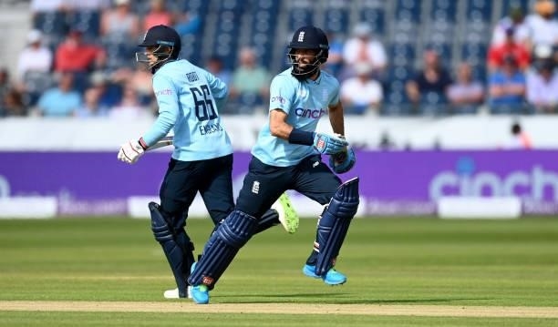 Moeen Ali and Joe Root of England run between the wickets during the 1st One Day International between England and Sri Lanka at Emirates Riverside on...