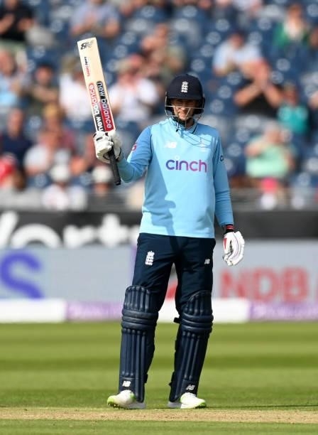 Joe Root of England salutes the crowd after reaching his half century during the 1st One Day International between England and Sri Lanka at Emirates...