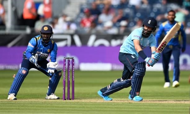 Moeen Ali of England bats during the 1st One Day International between England and Sri Lanka at Emirates Riverside on June 29, 2021 in...