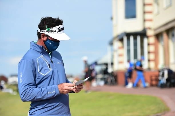Gonzalo Fernández-Castaño of Spain signs his score card during Final Qualifying for the 149th Open at St Annes Old Links Golf Club on June 29, 2021...