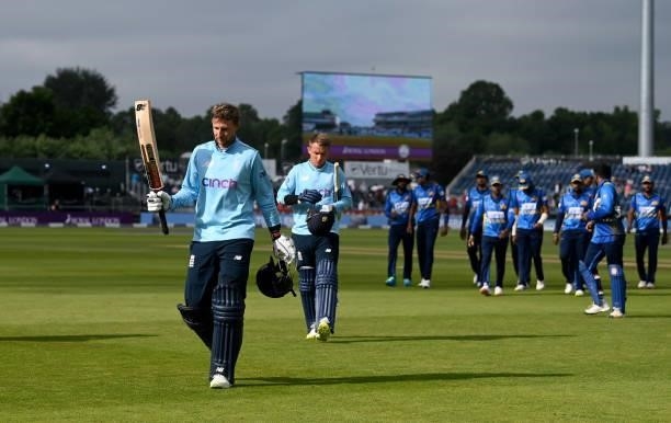 Joe Root of England leaves the field after winning the 1st One Day International between England and Sri Lanka at Emirates Riverside on June 29, 2021...