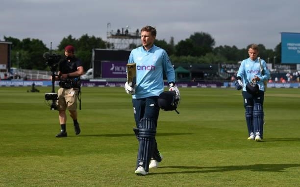 Joe Root of England leaves the field after winning the 1st One Day International between England and Sri Lanka at Emirates Riverside on June 29, 2021...