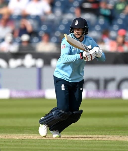 Joe Root of England bats during the 1st One Day International between England and Sri Lanka at Emirates Riverside on June 29, 2021 in...