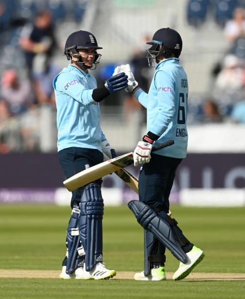 Sam Curran and Joe Root of England celebrate winning the 1st One Day International between England and Sri Lanka at Emirates Riverside on June 29,...